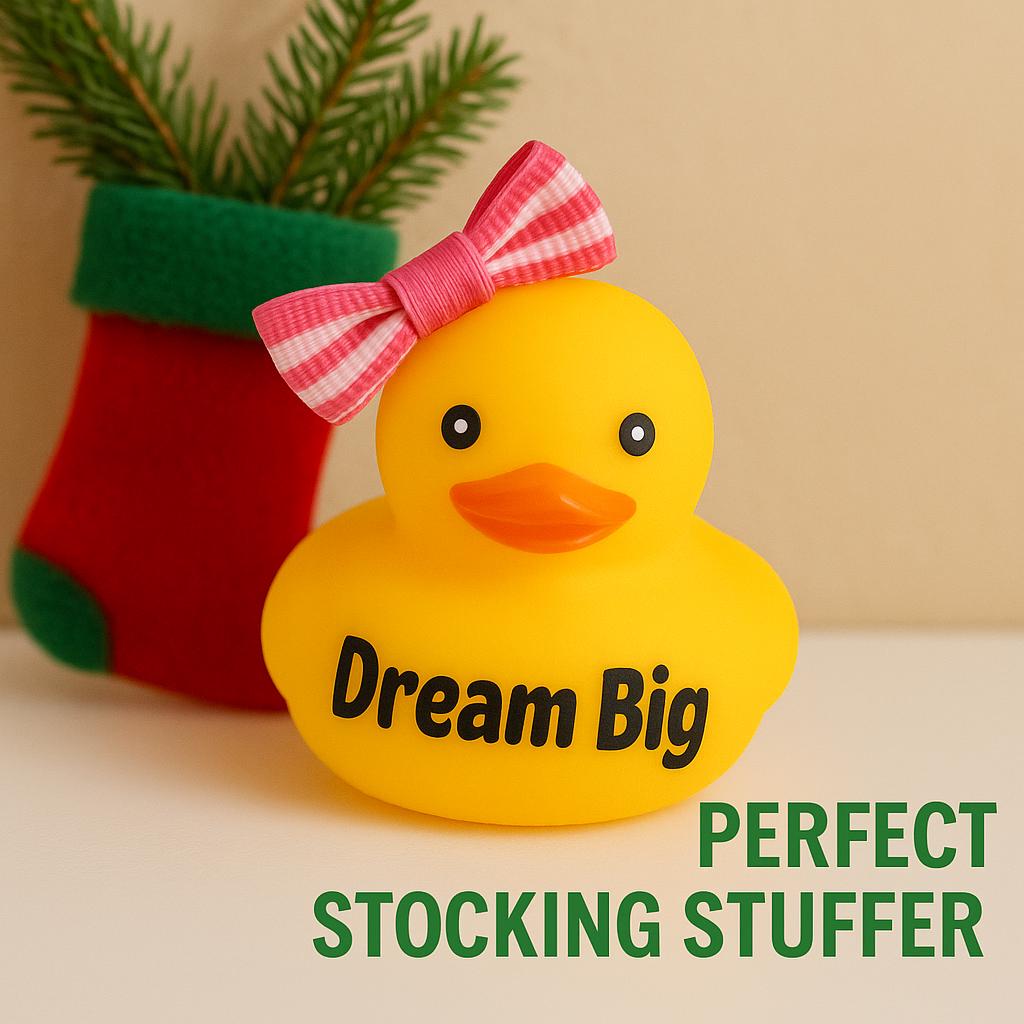 Dream Big Motivational Rubber Duck with Bow: Dashboard Car Decor